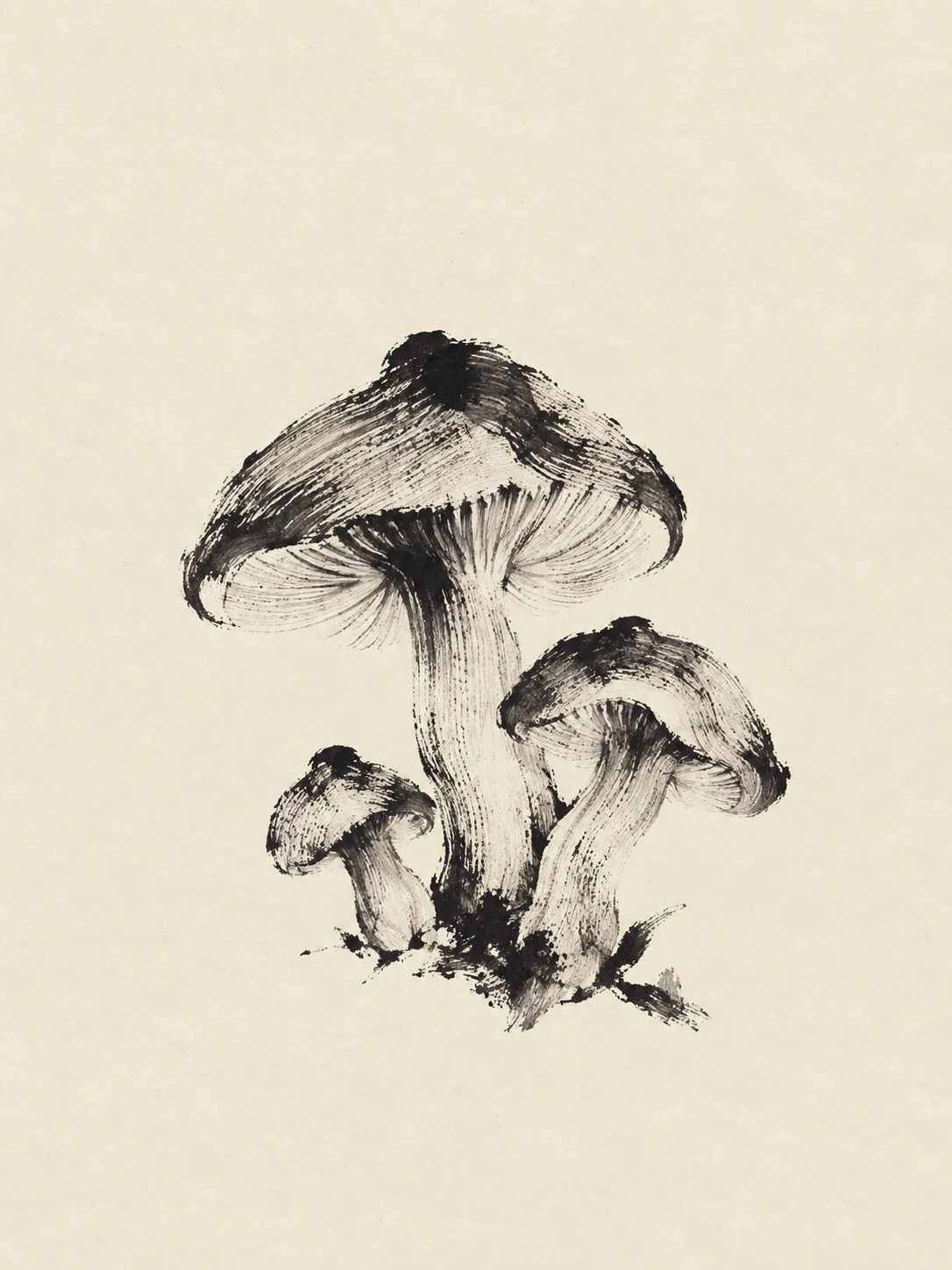 A cluster of mushrooms in cream, gray; portrait artwork.