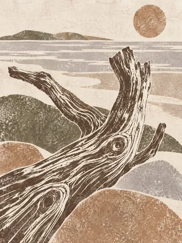 A piece of driftwood in cream, sand, sage, taupe; portrait artwork.
