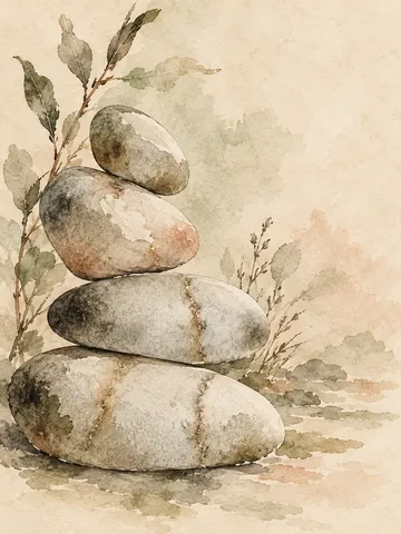 A river stone stack in cream, stone, sand, olive; portrait artwork.