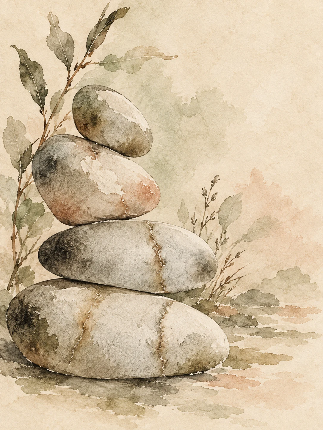 A river stone stack in cream, stone, sand, olive; portrait artwork.