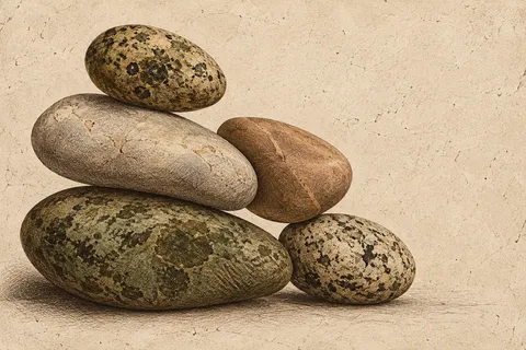 A river stone stack in cream, olive, charcoal, taupe; landscape artwork.