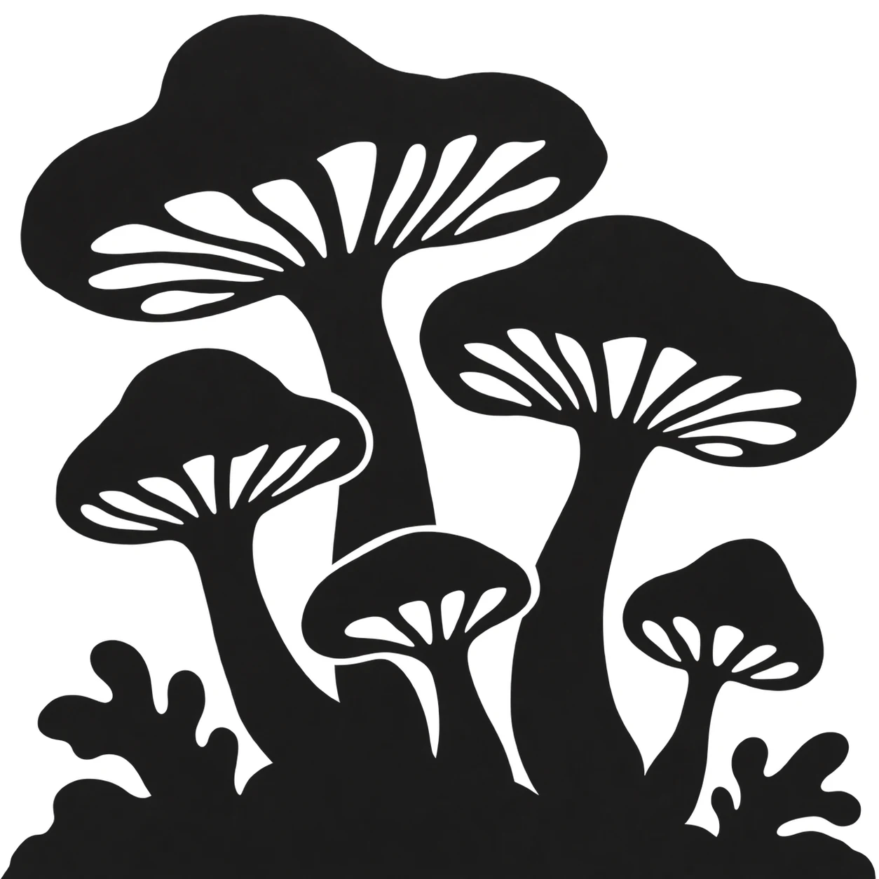 A cluster of mushrooms in black, white, charcoal, stone; square artwork.