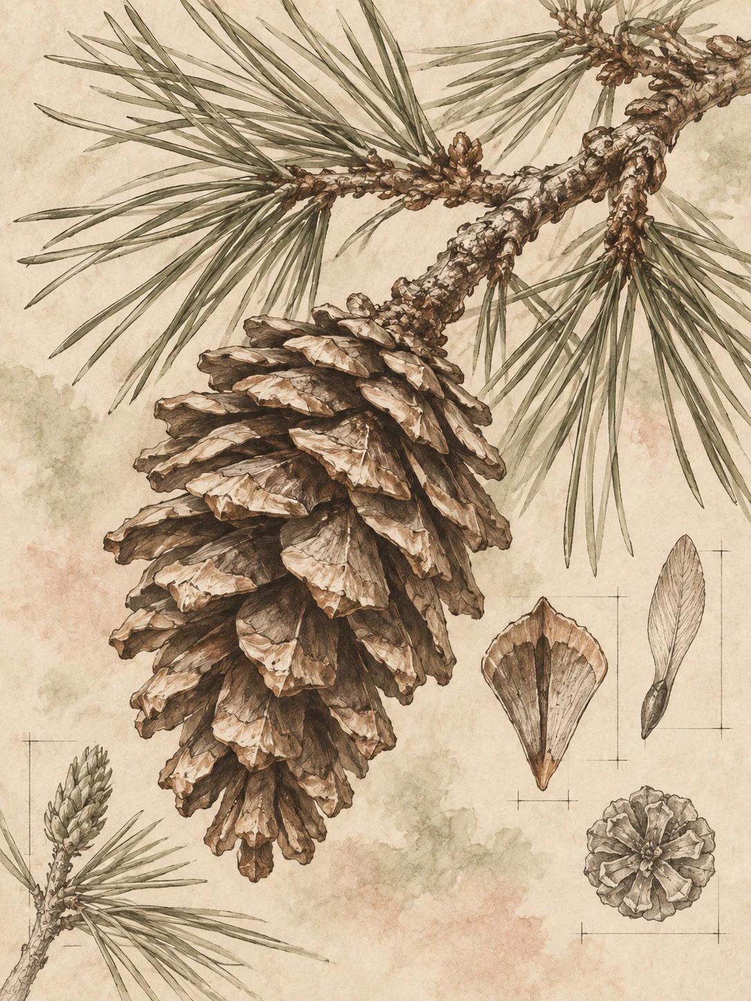 A pinecone in cream, sage, taupe, stone; portrait artwork.