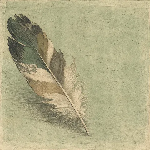 A feather in stone, sand, olive, sage; square artwork.