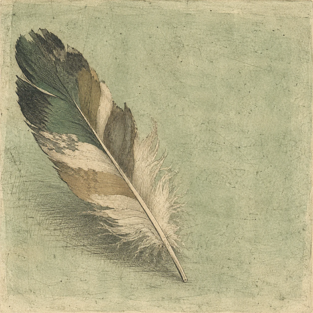 A feather in stone, sand, olive, sage; square artwork.