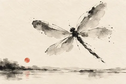 A dragonfly in cream, white, stone, taupe; landscape artwork.