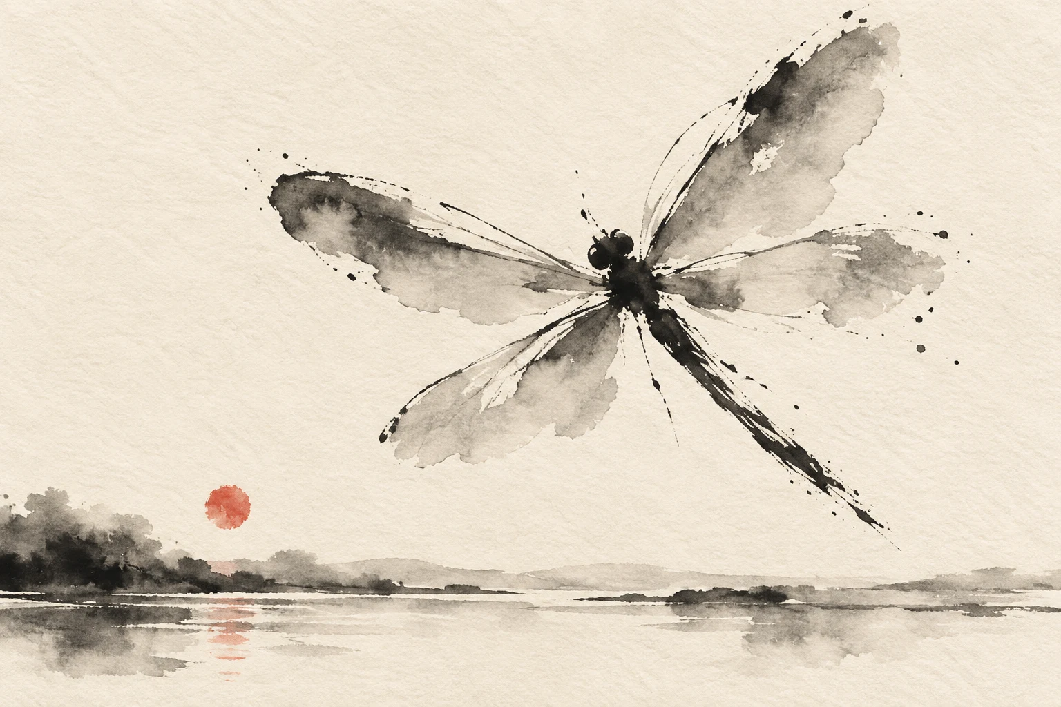 A dragonfly in cream, white, stone, taupe; landscape artwork.