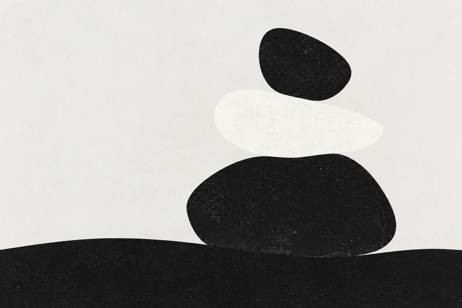A river stone stack in white, black, cream; landscape artwork.