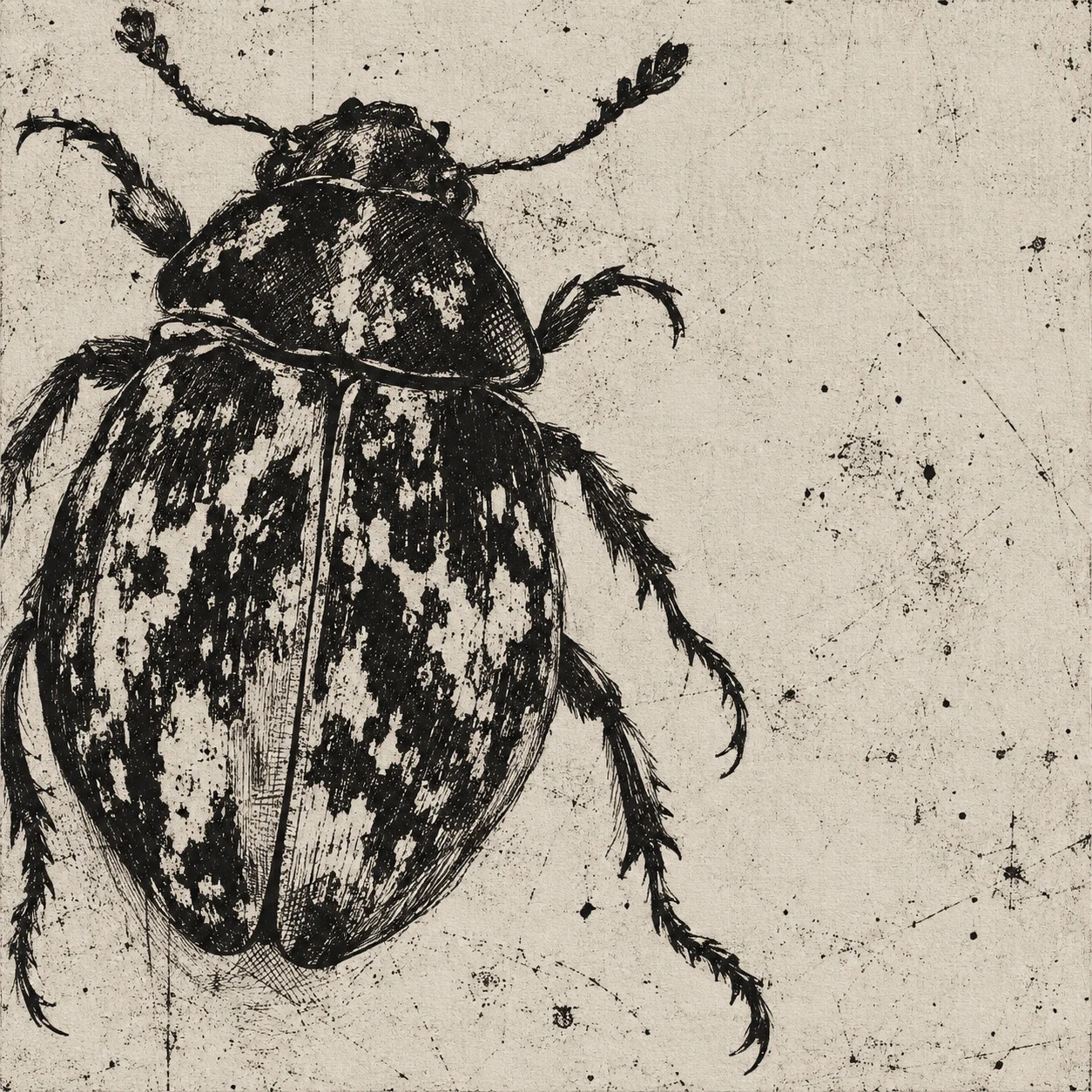 A beetle seen from above in stone, cream, black, charcoal; square artwork.