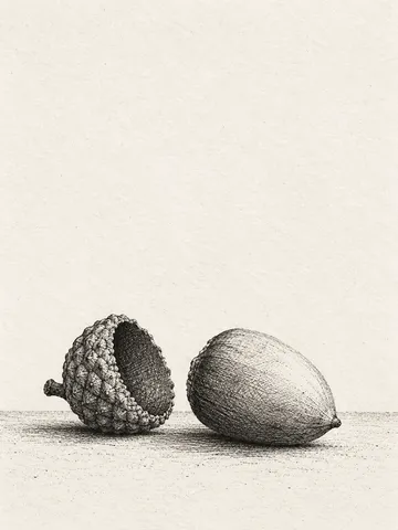 An acorn and its cap in white, gray; portrait artwork.