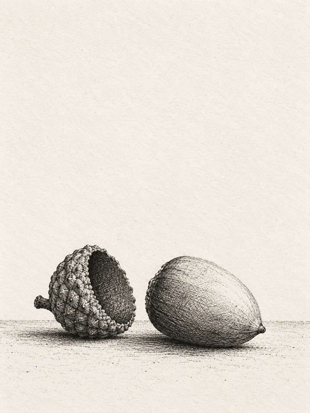 An acorn and its cap in white, gray; portrait artwork.