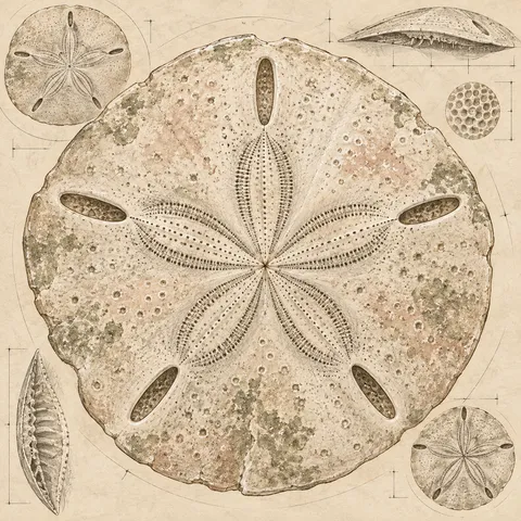A sand dollar in cream, stone, sand, sage; square artwork.