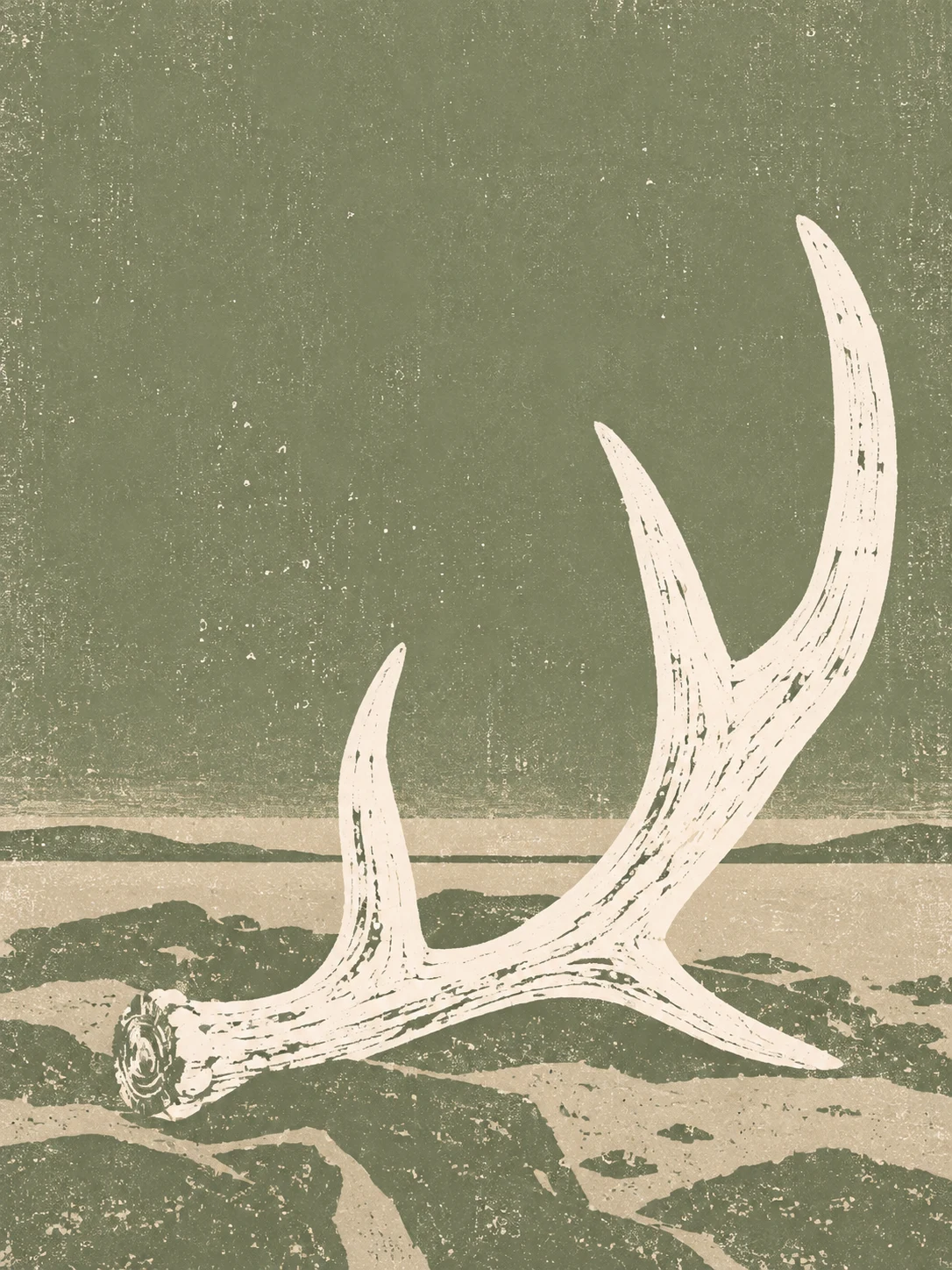 An antler in taupe, stone, sage, cream; portrait artwork.