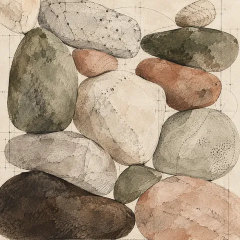 A river stone stack in sand, cream, stone, charcoal; square artwork.