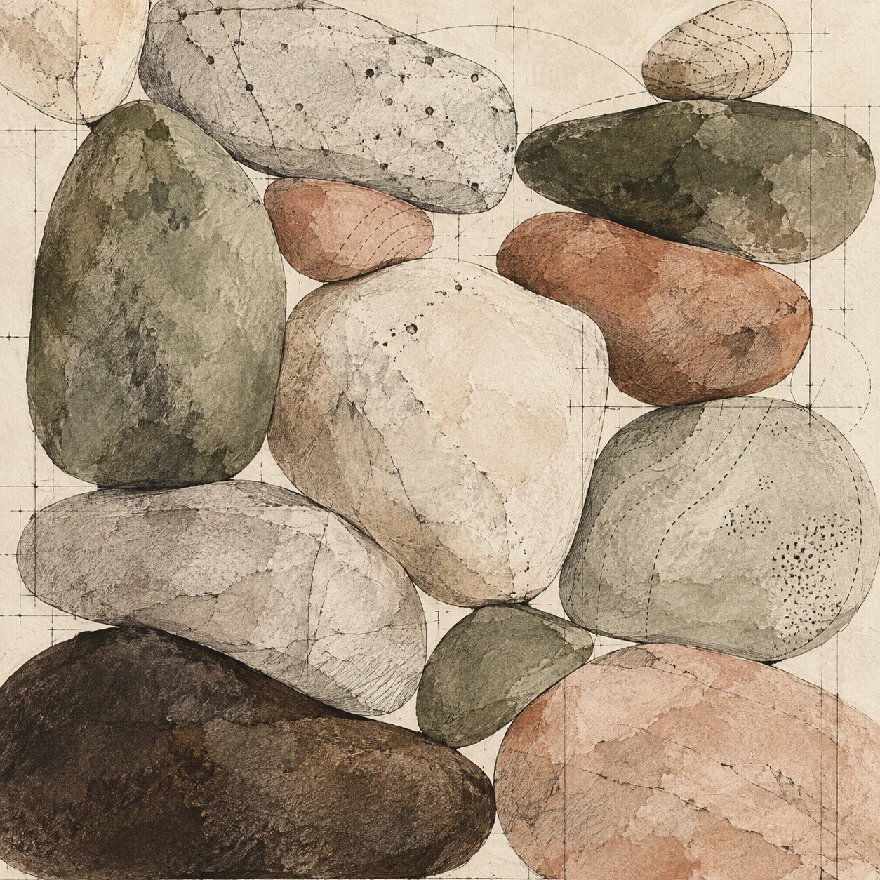 A river stone stack in sand, cream, stone, charcoal; square artwork.
