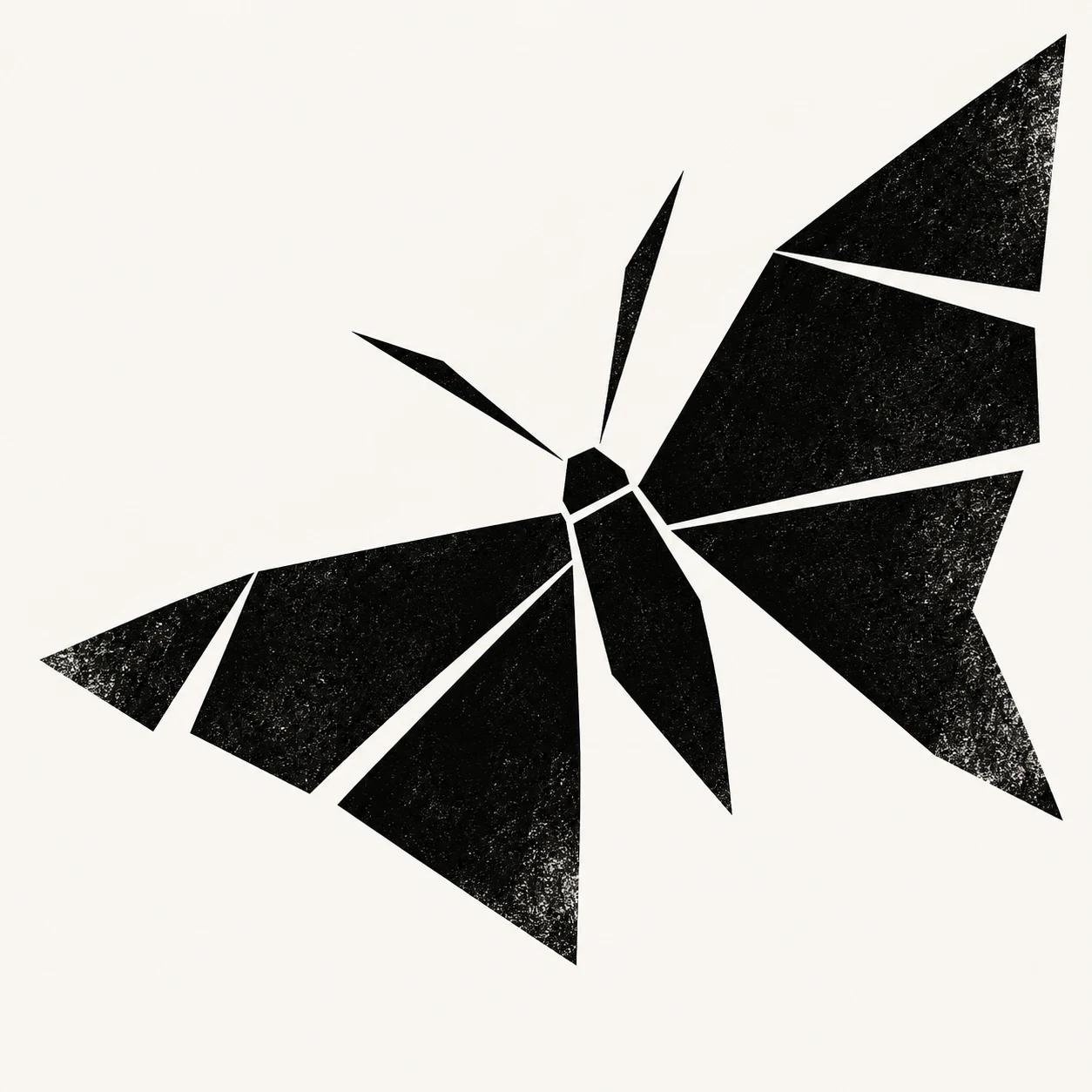 A moth with open wings in white, black, gray; square artwork.