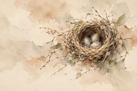 A bird nest with three eggs in cream, sand, stone, olive; landscape artwork.