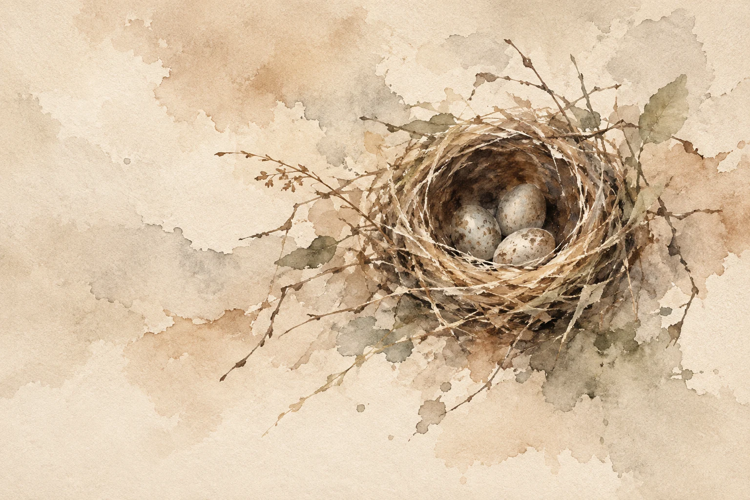 A bird nest with three eggs in cream, sand, stone, olive; landscape artwork.