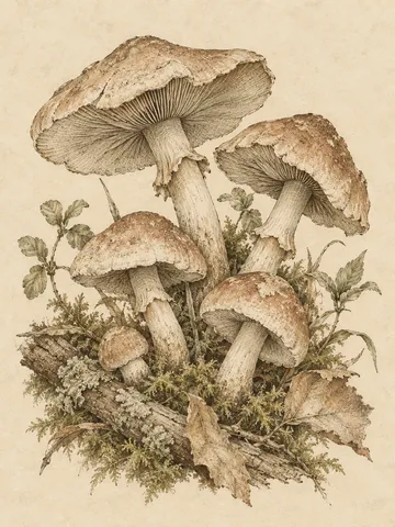 A cluster of mushrooms in cream, sand, taupe, olive; portrait artwork.