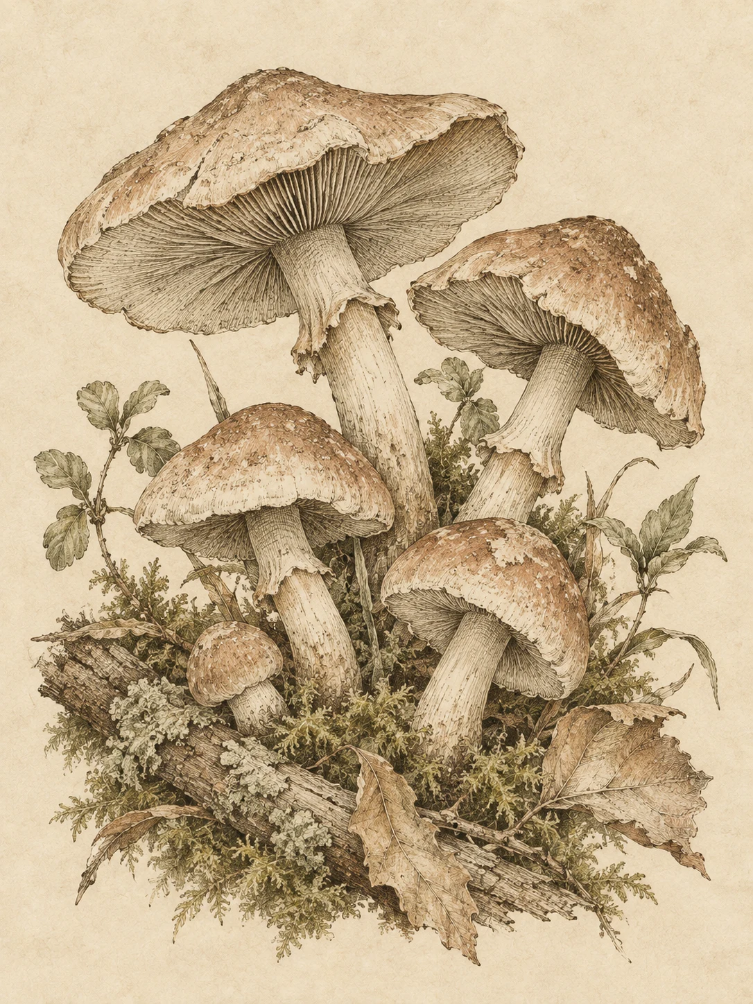 A cluster of mushrooms in cream, sand, taupe, olive; portrait artwork.