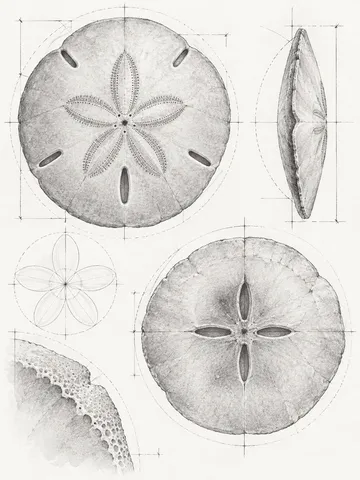 A sand dollar in white, cream, stone; portrait artwork.