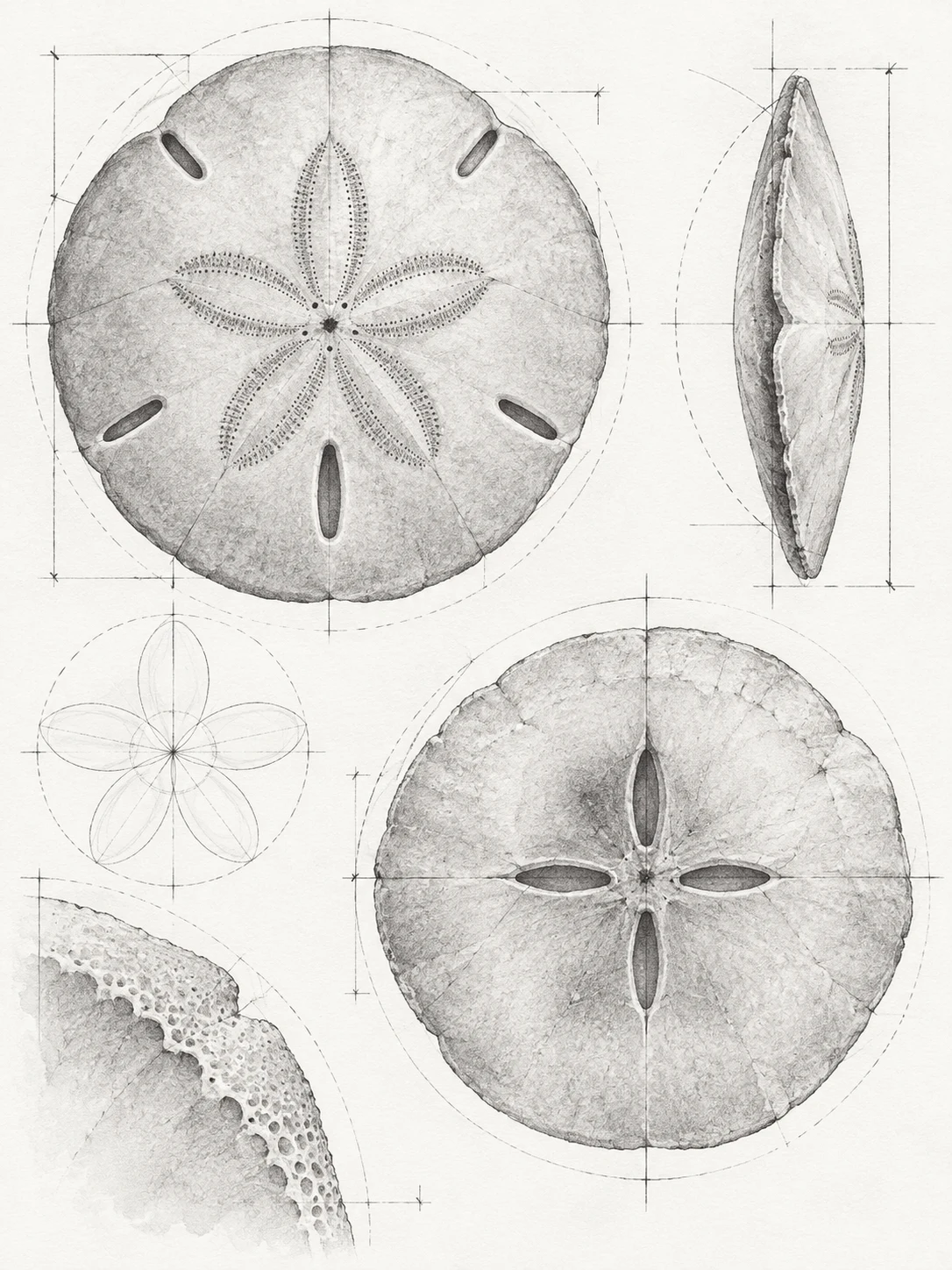 A sand dollar in white, cream, stone; portrait artwork.