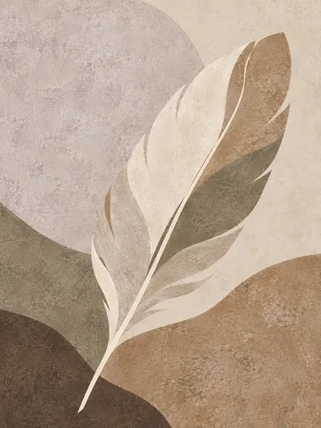 A feather in stone, cream, sage, taupe; portrait artwork.