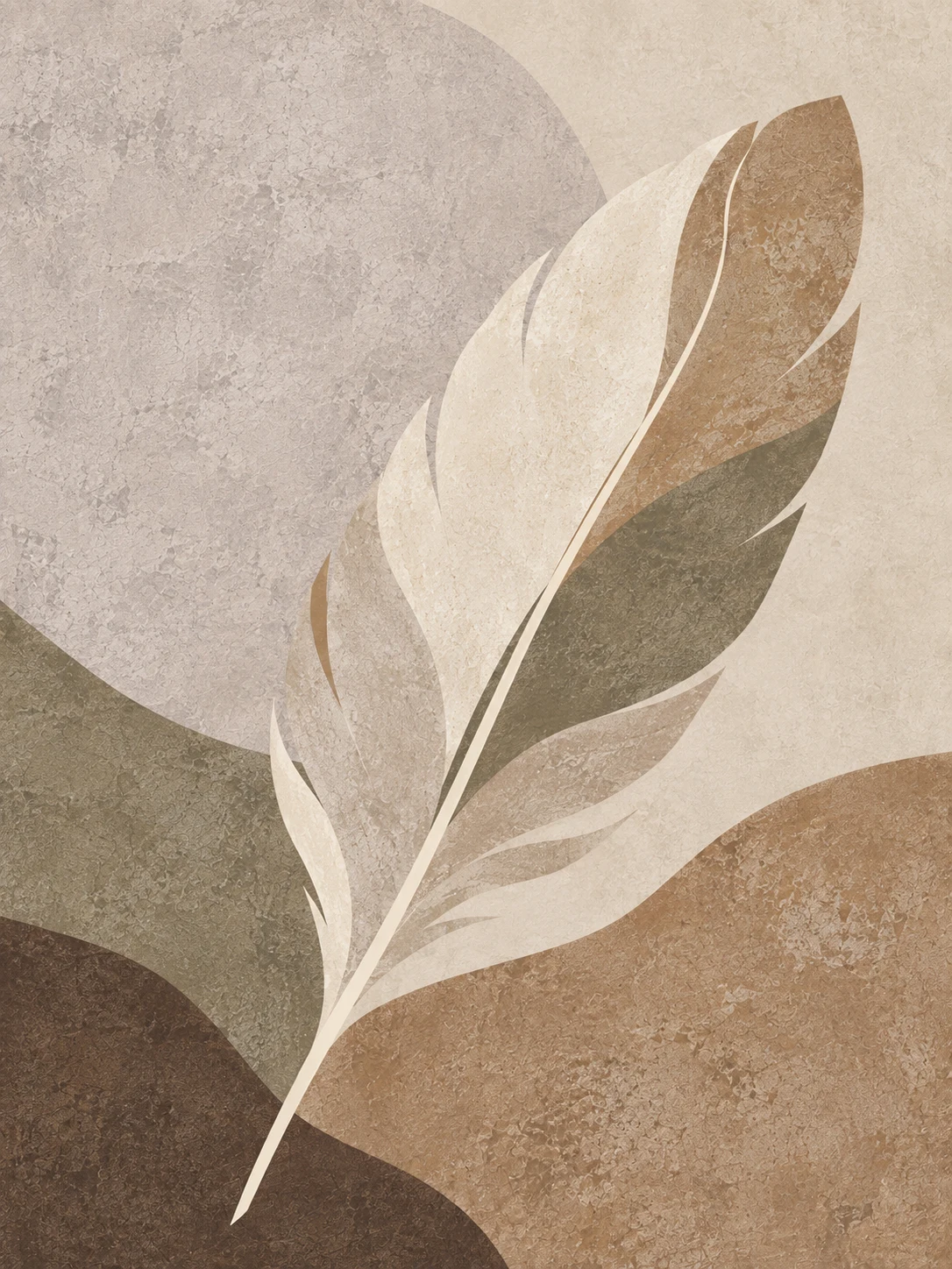 A feather in stone, cream, sage, taupe; portrait artwork.