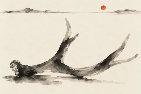 An antler in cream, white, gray; landscape artwork.