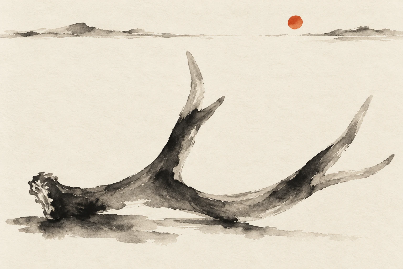 An antler in cream, white, gray; landscape artwork.