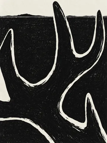 An antler in black, cream, gray; portrait artwork.