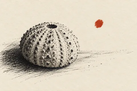 A sea urchin shell in cream, taupe; landscape artwork.