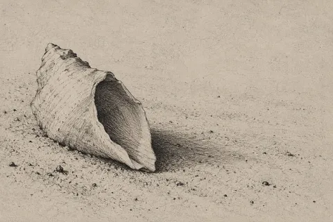 A single shell on sand in stone, sand, taupe; landscape artwork.