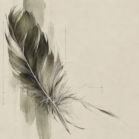 A single feather in cream, gray, olive, stone; square artwork.