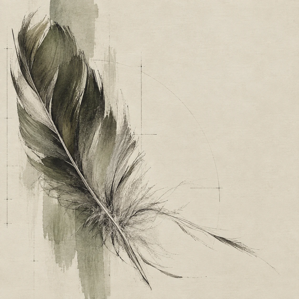 A single feather in cream, gray, olive, stone; square artwork.