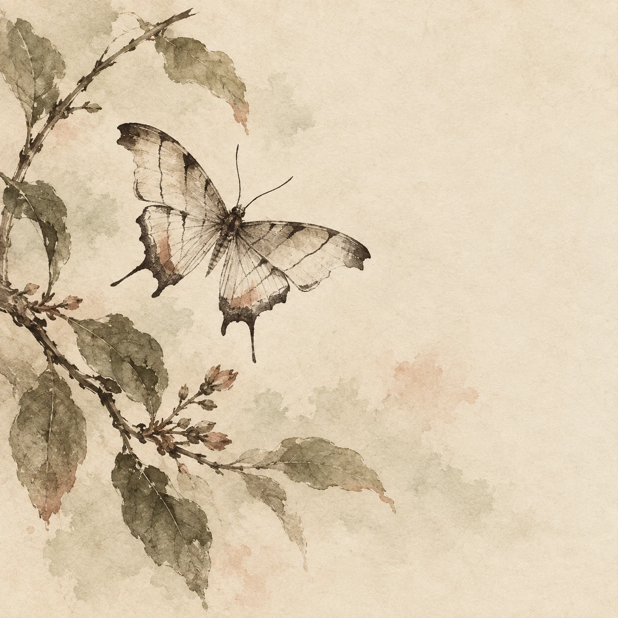 A moth with open wings in cream, taupe, sand; square artwork.
