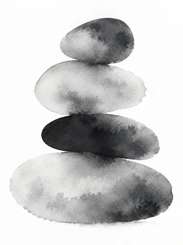 A river stone stack in white, cream, charcoal; portrait artwork.