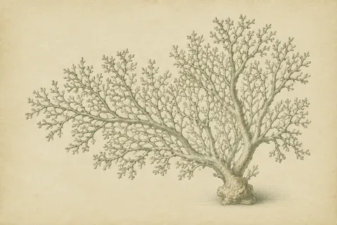 A coral branch in cream, stone, sand; landscape artwork.