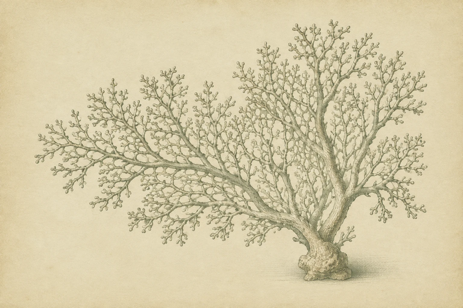 A coral branch in cream, stone, sand; landscape artwork.