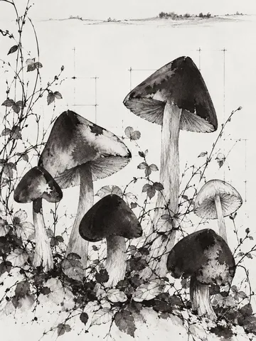 A cluster of mushrooms in white, charcoal, cream, stone; portrait artwork.
