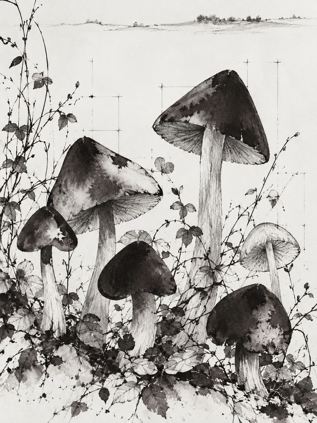 A cluster of mushrooms in white, charcoal, cream, stone; portrait artwork.