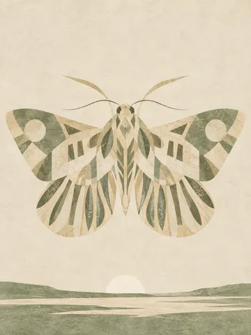 A moth with open wings in cream, sage, stone, sand; portrait artwork.