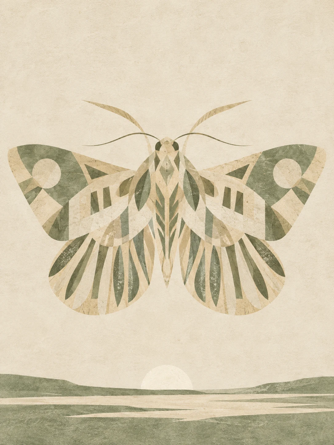 A moth with open wings in cream, sage, stone, sand; portrait artwork.