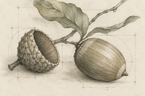 An acorn and its cap in cream, sage, sand, olive; landscape artwork.