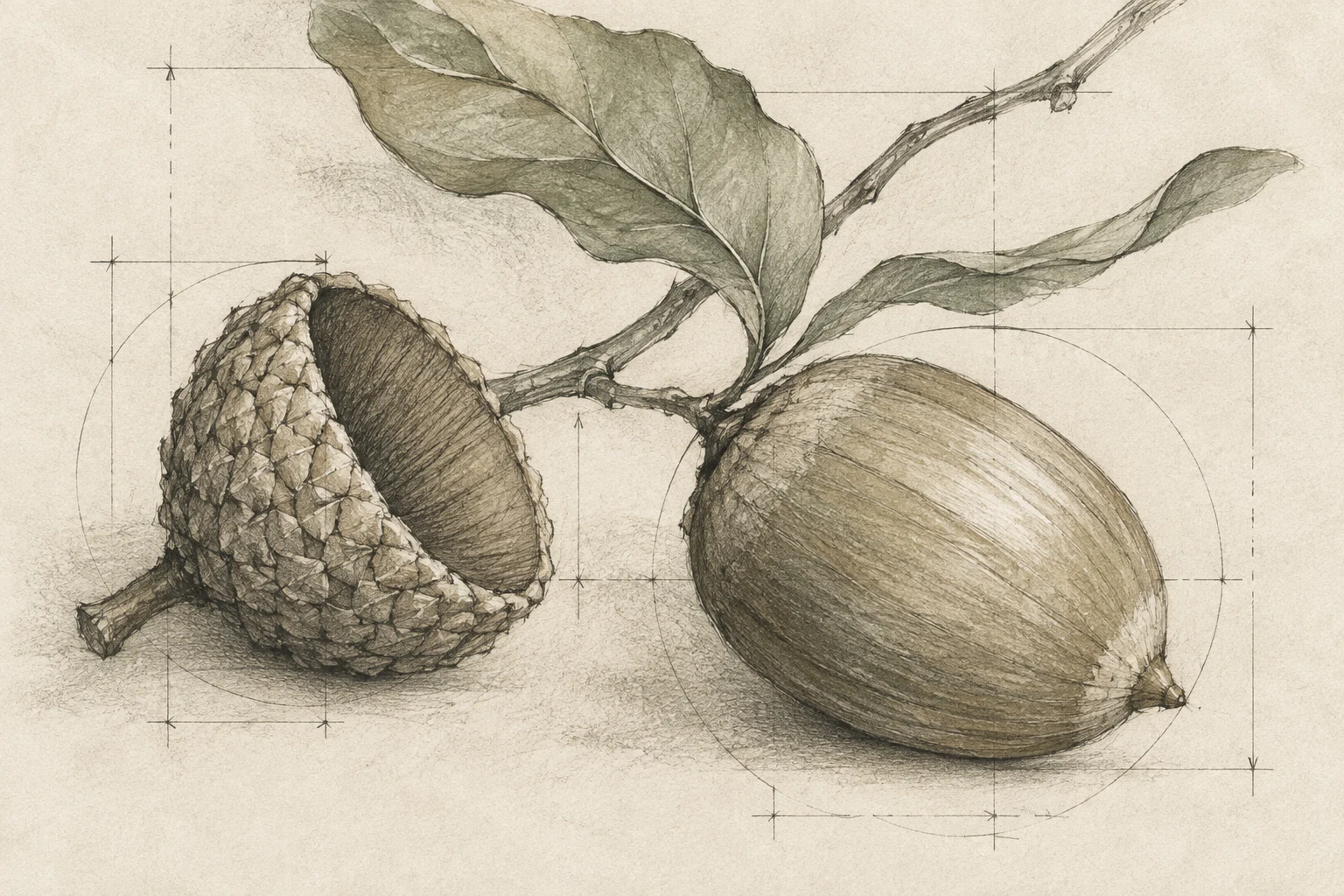 An acorn and its cap in cream, sage, sand, olive; landscape artwork.