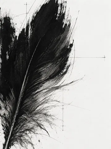 A feather in white, black, charcoal, stone; portrait artwork.