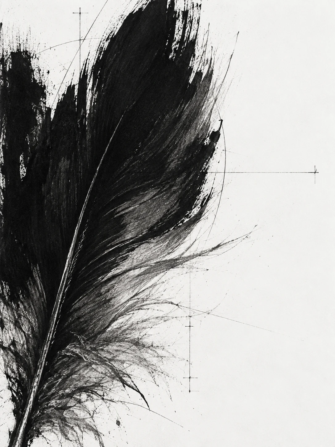 A feather in white, black, charcoal, stone; portrait artwork.