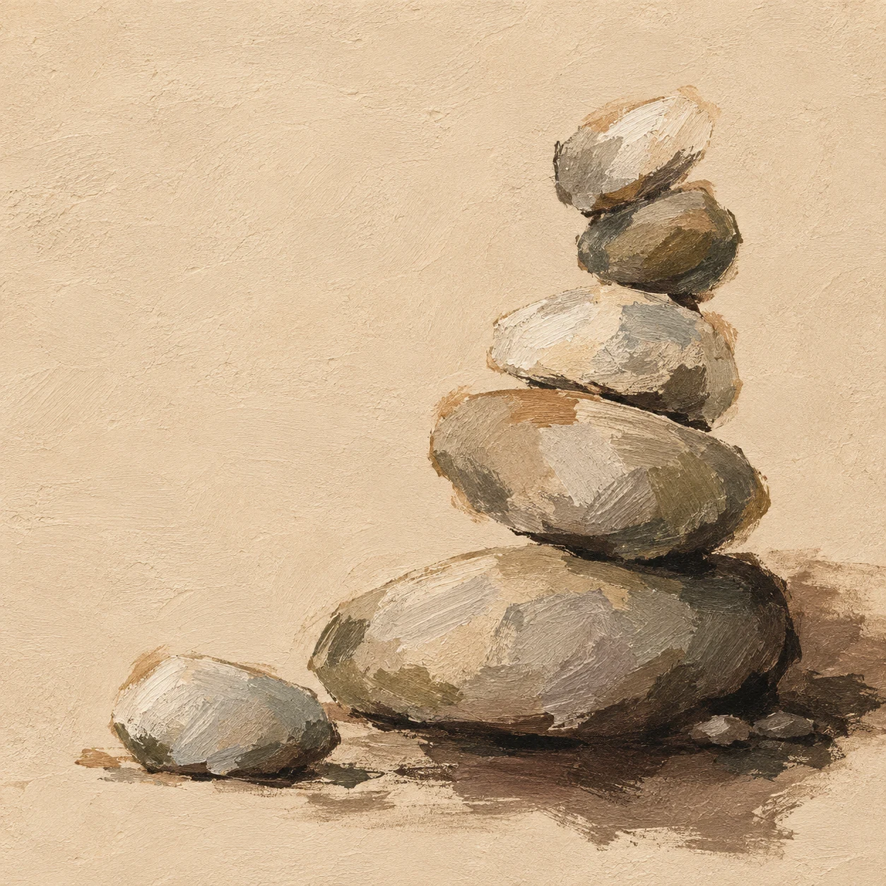 River stones stacked in a quiet cairn in cream, taupe, brown, stone; square artwork.
