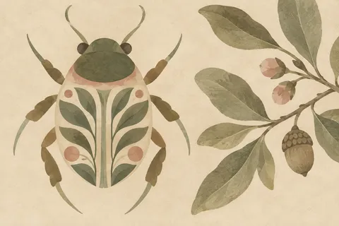 A beetle seen from above in cream, sage, sand, olive; landscape artwork.