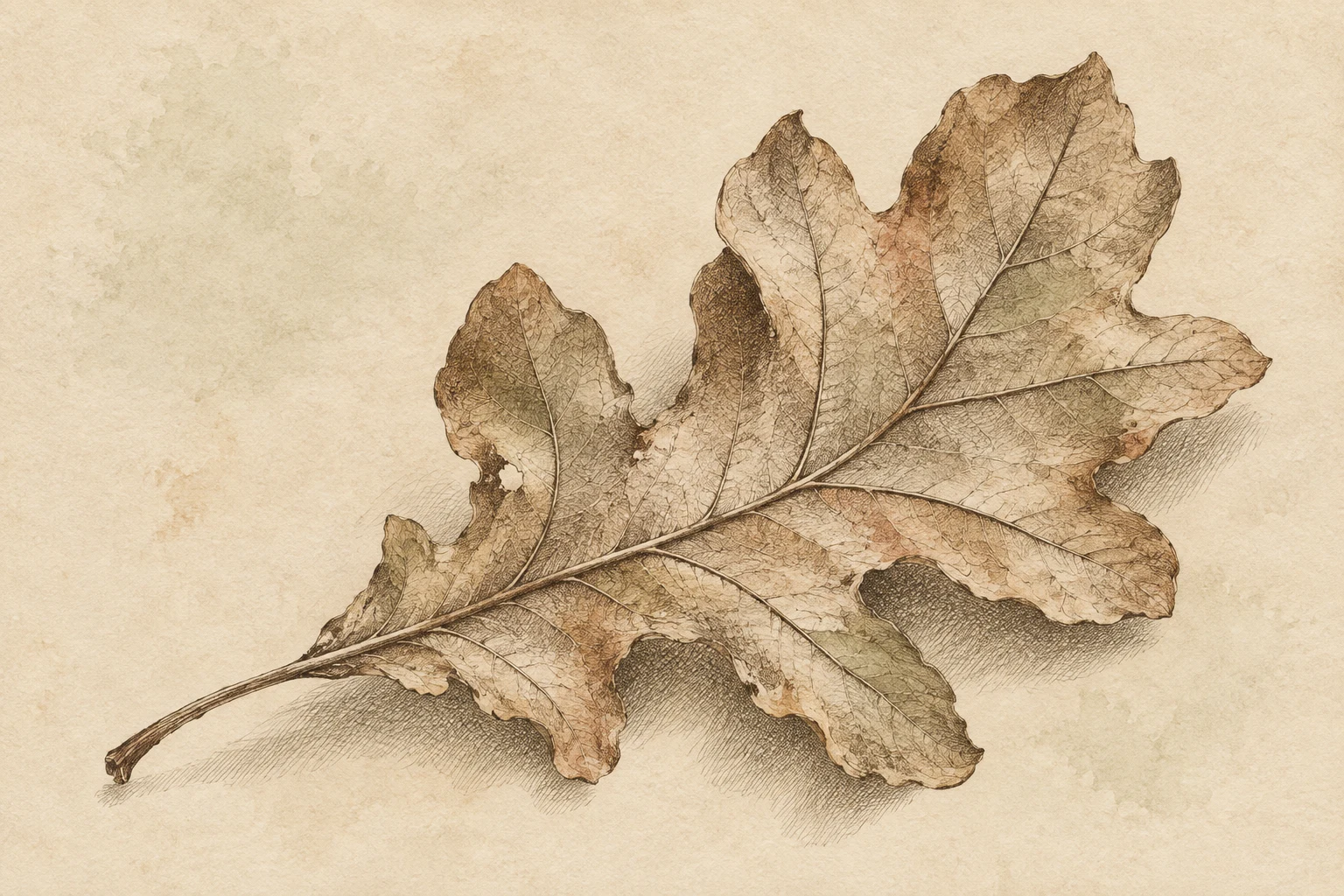 A fallen oak leaf in cream, sand, taupe; landscape artwork.